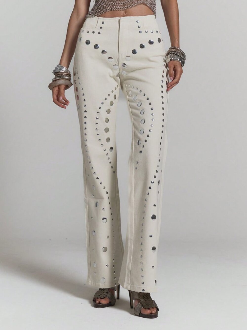White Sexy Women's Denim Studded Flared Fitted Low Rise Jeans - Picture 2 of 5